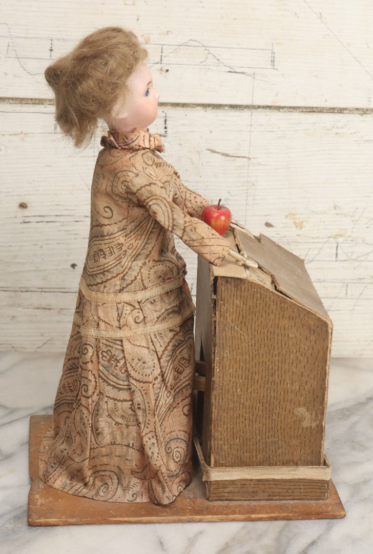 Lot 001 - Antique Handmade Manual Crank Math Teacher Automaton With German Bisque Doll Head By Lehmann & Company And Math Subtraction Problem Action, Moving Arms And Head