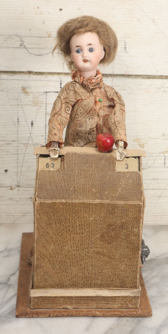 Lot 001 - Antique Handmade Manual Crank Math Teacher Automaton With German Bisque Doll Head By Lehmann & Company And Math Subtraction Problem Action, Moving Arms And Head