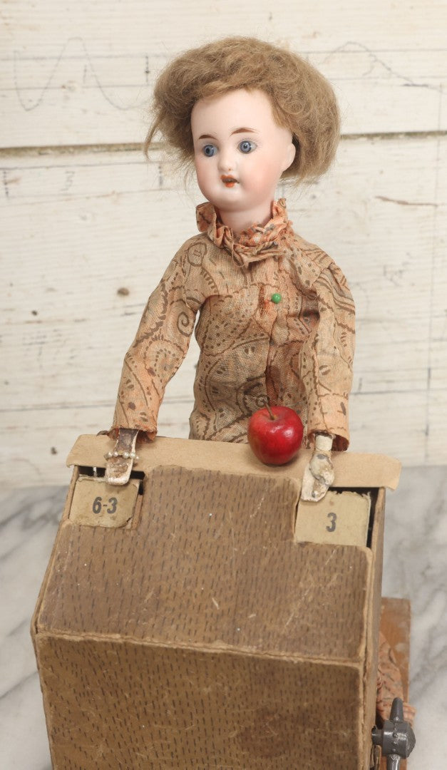 Lot 001 - Antique Handmade Manual Crank Math Teacher Automaton With German Bisque Doll Head By Lehmann & Company And Math Subtraction Problem Action, Moving Arms And Head