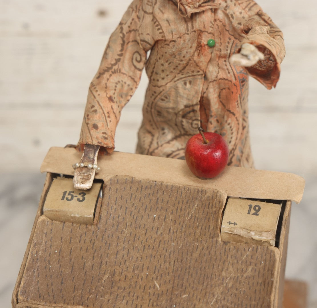 Lot 001 - Antique Handmade Manual Crank Math Teacher Automaton With German Bisque Doll Head By Lehmann & Company And Math Subtraction Problem Action, Moving Arms And Head