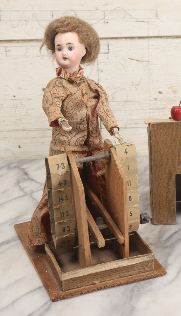 Lot 001 - Antique Handmade Manual Crank Math Teacher Automaton With German Bisque Doll Head By Lehmann & Company And Math Subtraction Problem Action, Moving Arms And Head