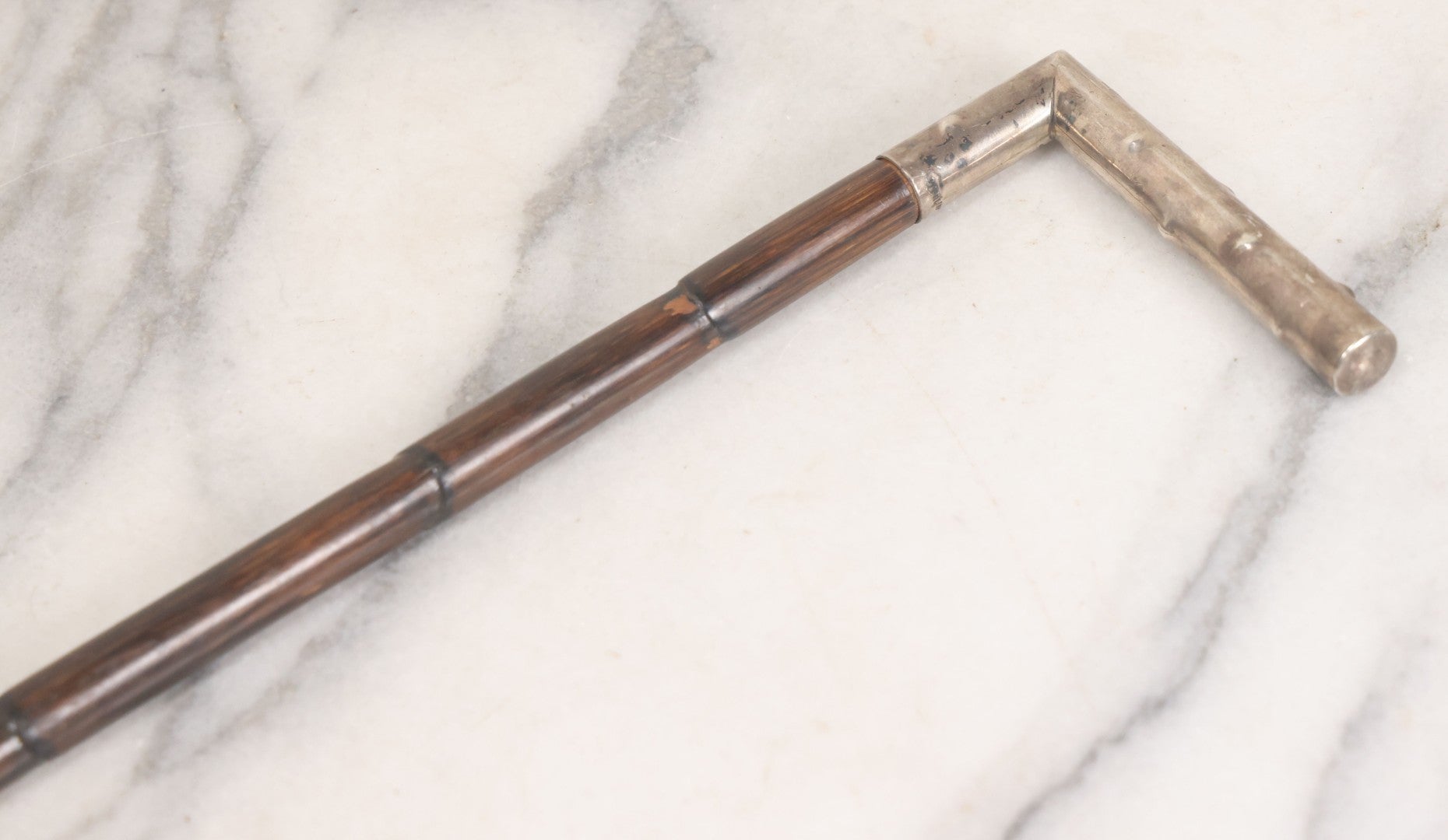 Lot 006 - Antique Swagger Stick Bamboo Cane With Sterling Silver Faux-Branch Handle, Length 25"