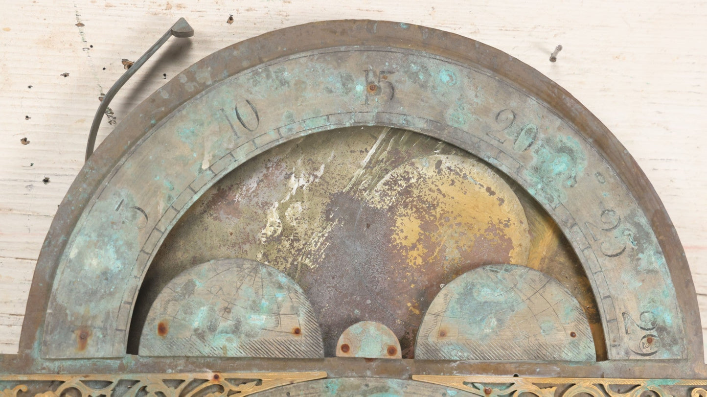 Lot 007 - Antique Brass Clock Face With Hand Painted Details Including Moon, Sun, Ships At Sea, And Buildings On Land, Manufactured By S.D. Neil, Belfast, Ireland, Dated 1896, Note Heavy Wear And Patina, 13" x 18-1/2"