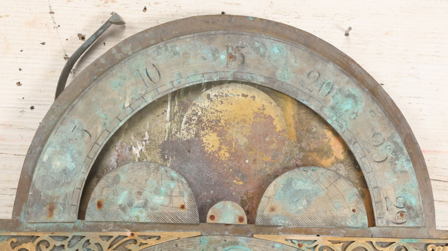 Lot 007 - Antique Brass Clock Face With Hand Painted Details Including Moon, Sun, Ships At Sea, And Buildings On Land, Manufactured By S.D. Neil, Belfast, Ireland, Dated 1896, Note Heavy Wear And Patina, 13" x 18-1/2"