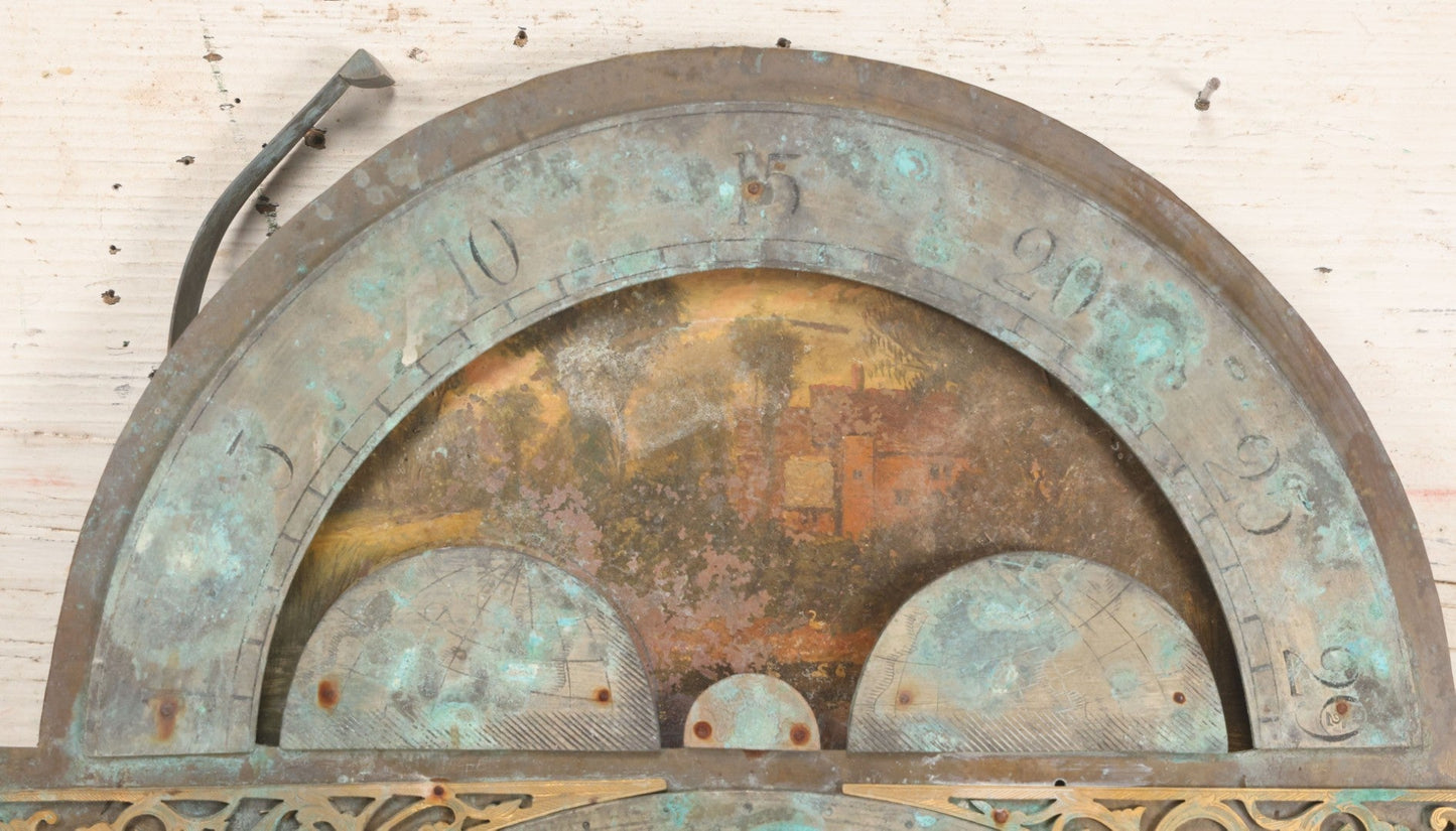 Lot 007 - Antique Brass Clock Face With Hand Painted Details Including Moon, Sun, Ships At Sea, And Buildings On Land, Manufactured By S.D. Neil, Belfast, Ireland, Dated 1896, Note Heavy Wear And Patina, 13" x 18-1/2"