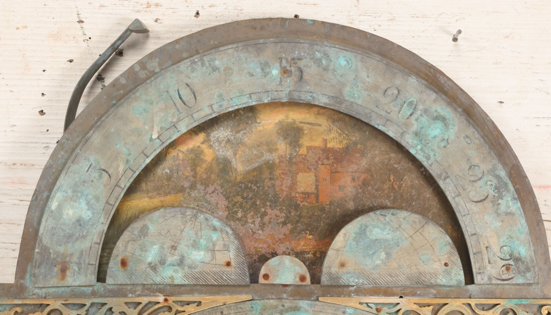 Lot 007 - Antique Brass Clock Face With Hand Painted Details Including Moon, Sun, Ships At Sea, And Buildings On Land, Manufactured By S.D. Neil, Belfast, Ireland, Dated 1896, Note Heavy Wear And Patina, 13" x 18-1/2"