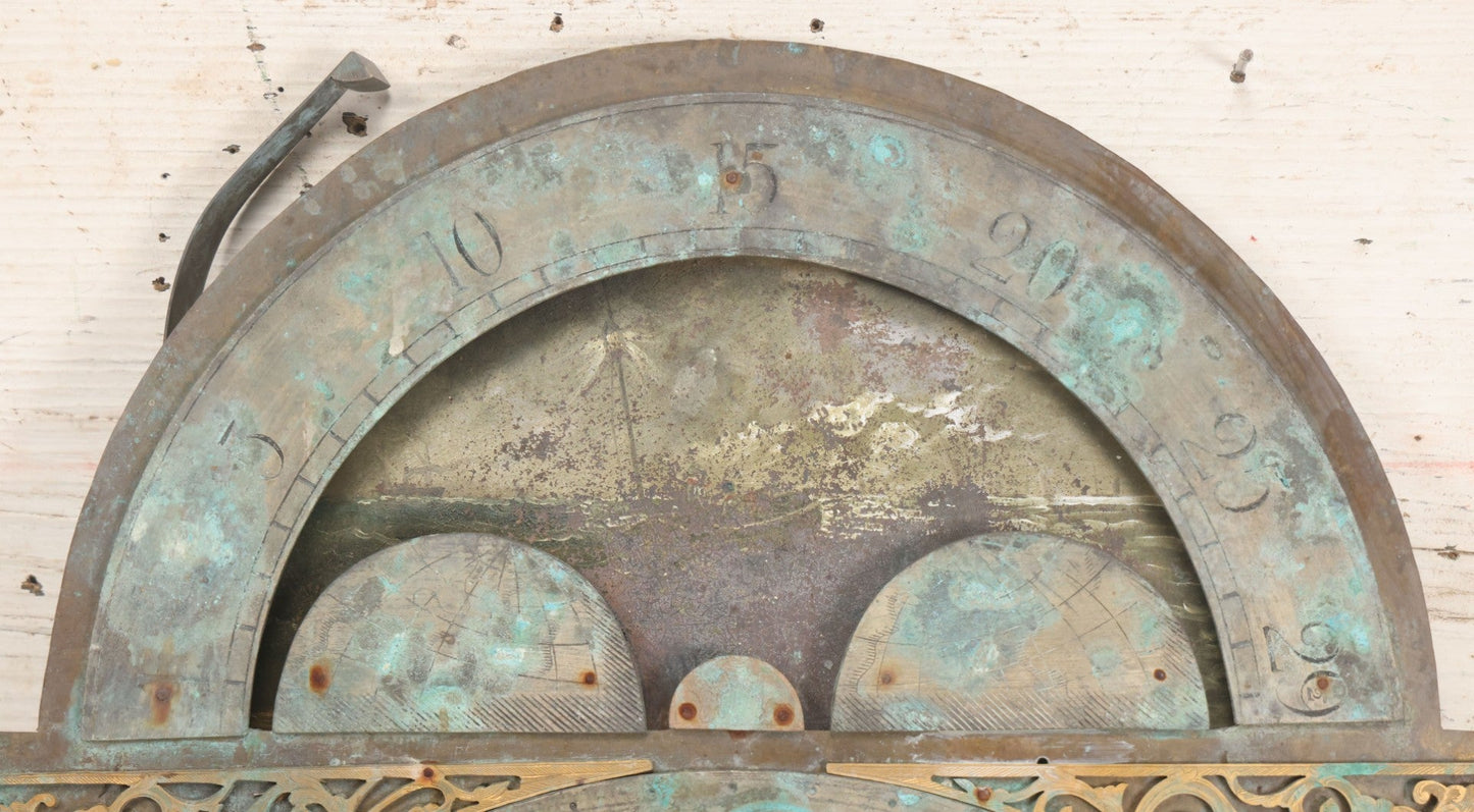 Lot 007 - Antique Brass Clock Face With Hand Painted Details Including Moon, Sun, Ships At Sea, And Buildings On Land, Manufactured By S.D. Neil, Belfast, Ireland, Dated 1896, Note Heavy Wear And Patina, 13" x 18-1/2"