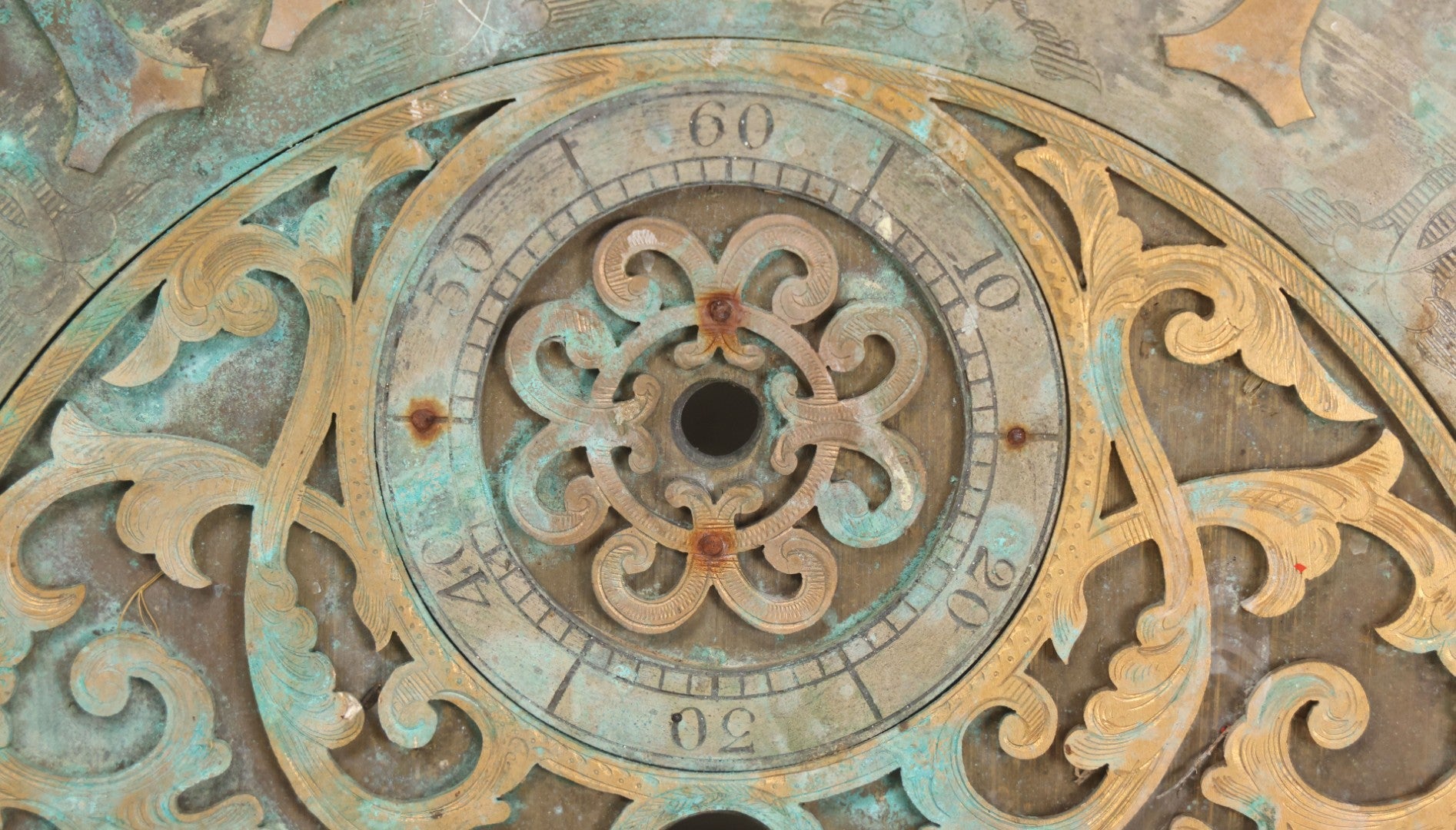 Lot 007 - Antique Brass Clock Face With Hand Painted Details Including Moon, Sun, Ships At Sea, And Buildings On Land, Manufactured By S.D. Neil, Belfast, Ireland, Dated 1896, Note Heavy Wear And Patina, 13" x 18-1/2"