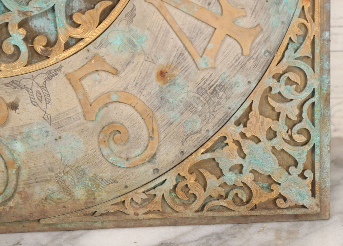 Lot 007 - Antique Brass Clock Face With Hand Painted Details Including Moon, Sun, Ships At Sea, And Buildings On Land, Manufactured By S.D. Neil, Belfast, Ireland, Dated 1896, Note Heavy Wear And Patina, 13" x 18-1/2"