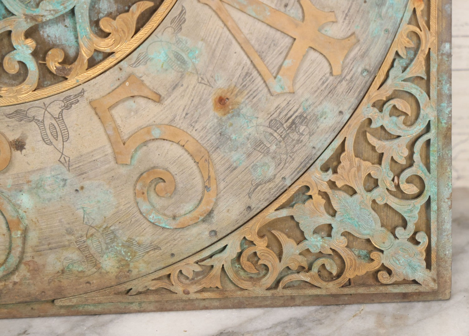 Lot 007 - Antique Brass Clock Face With Hand Painted Details Including Moon, Sun, Ships At Sea, And Buildings On Land, Manufactured By S.D. Neil, Belfast, Ireland, Dated 1896, Note Heavy Wear And Patina, 13" x 18-1/2"