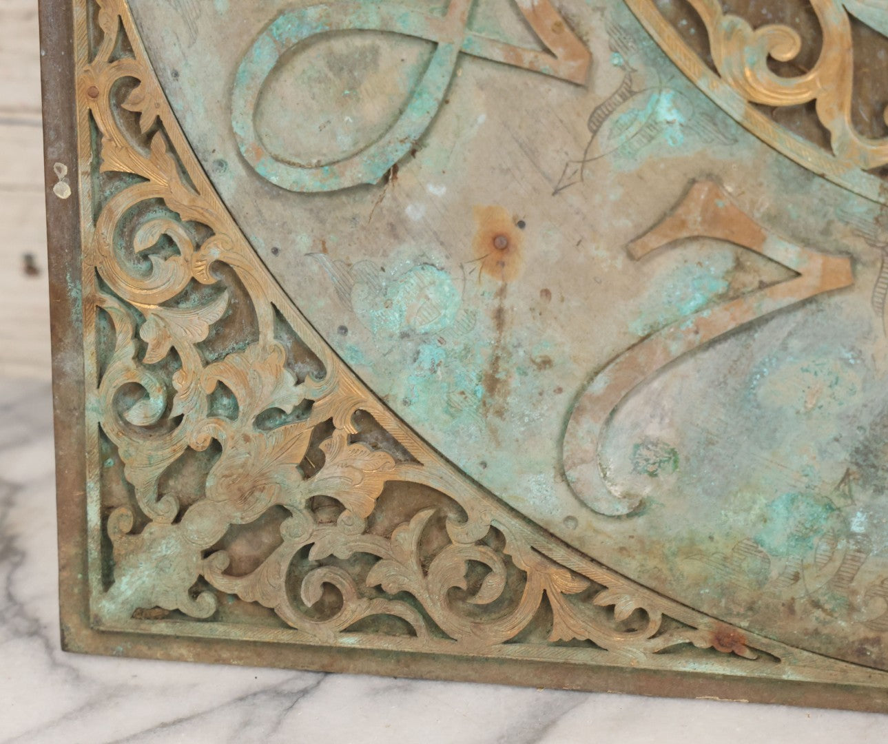 Lot 007 - Antique Brass Clock Face With Hand Painted Details Including Moon, Sun, Ships At Sea, And Buildings On Land, Manufactured By S.D. Neil, Belfast, Ireland, Dated 1896, Note Heavy Wear And Patina, 13" x 18-1/2"