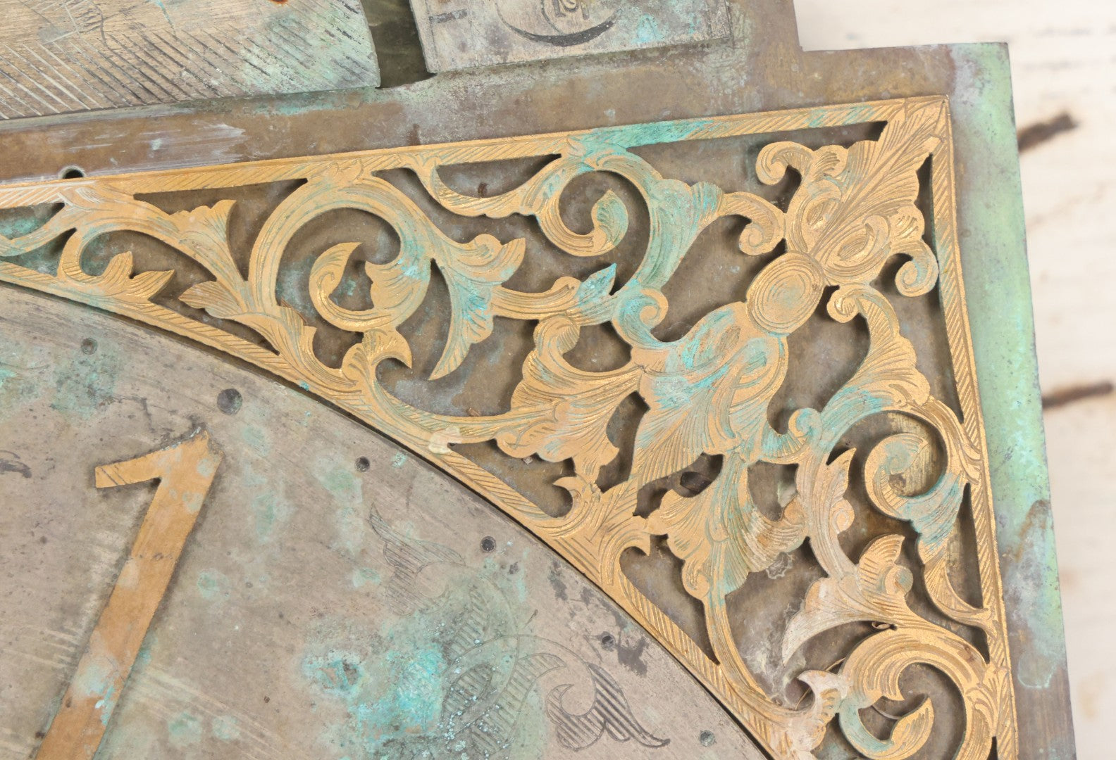 Lot 007 - Antique Brass Clock Face With Hand Painted Details Including Moon, Sun, Ships At Sea, And Buildings On Land, Manufactured By S.D. Neil, Belfast, Ireland, Dated 1896, Note Heavy Wear And Patina, 13" x 18-1/2"