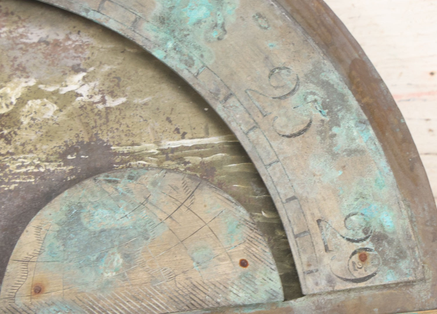 Lot 007 - Antique Brass Clock Face With Hand Painted Details Including Moon, Sun, Ships At Sea, And Buildings On Land, Manufactured By S.D. Neil, Belfast, Ireland, Dated 1896, Note Heavy Wear And Patina, 13" x 18-1/2"