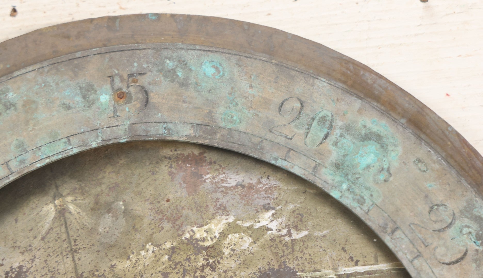 Lot 007 - Antique Brass Clock Face With Hand Painted Details Including Moon, Sun, Ships At Sea, And Buildings On Land, Manufactured By S.D. Neil, Belfast, Ireland, Dated 1896, Note Heavy Wear And Patina, 13" x 18-1/2"