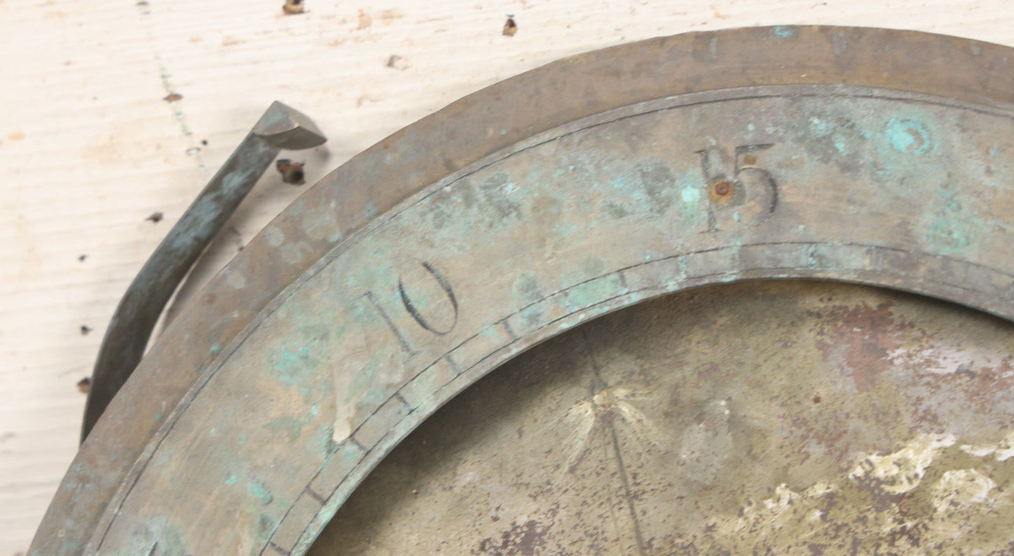 Lot 007 - Antique Brass Clock Face With Hand Painted Details Including Moon, Sun, Ships At Sea, And Buildings On Land, Manufactured By S.D. Neil, Belfast, Ireland, Dated 1896, Note Heavy Wear And Patina, 13" x 18-1/2"