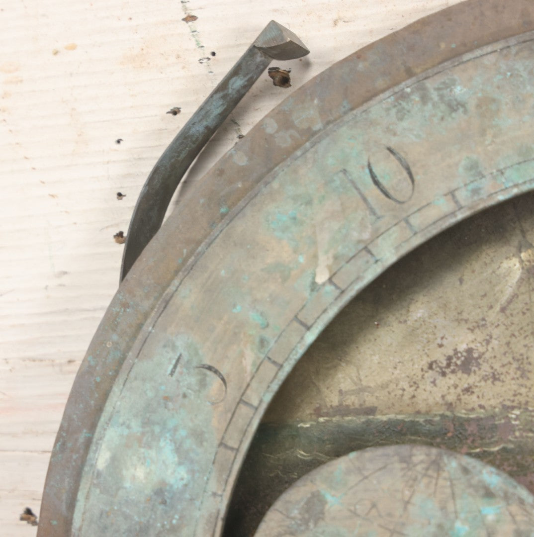 Lot 007 - Antique Brass Clock Face With Hand Painted Details Including Moon, Sun, Ships At Sea, And Buildings On Land, Manufactured By S.D. Neil, Belfast, Ireland, Dated 1896, Note Heavy Wear And Patina, 13" x 18-1/2"