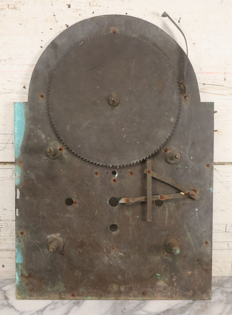 Lot 007 - Antique Brass Clock Face With Hand Painted Details Including Moon, Sun, Ships At Sea, And Buildings On Land, Manufactured By S.D. Neil, Belfast, Ireland, Dated 1896, Note Heavy Wear And Patina, 13" x 18-1/2"