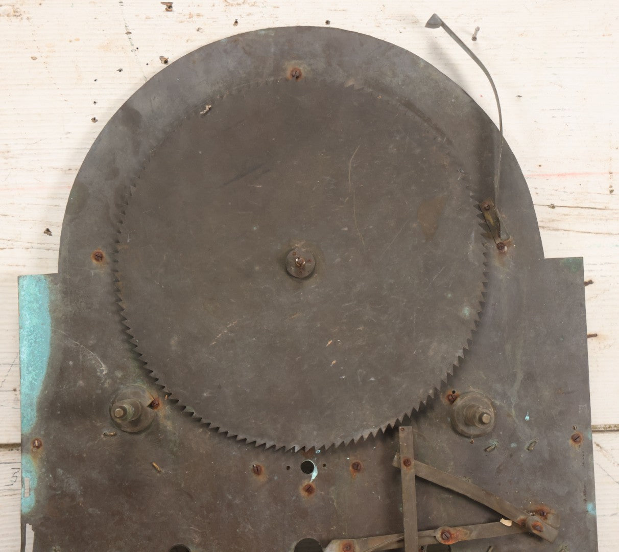 Lot 007 - Antique Brass Clock Face With Hand Painted Details Including Moon, Sun, Ships At Sea, And Buildings On Land, Manufactured By S.D. Neil, Belfast, Ireland, Dated 1896, Note Heavy Wear And Patina, 13" x 18-1/2"