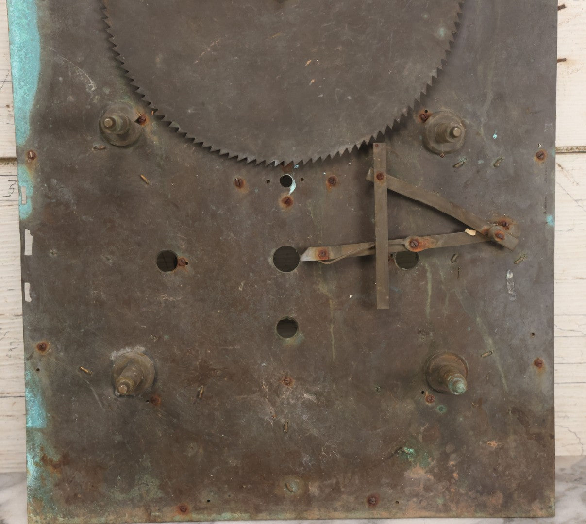 Lot 007 - Antique Brass Clock Face With Hand Painted Details Including Moon, Sun, Ships At Sea, And Buildings On Land, Manufactured By S.D. Neil, Belfast, Ireland, Dated 1896, Note Heavy Wear And Patina, 13" x 18-1/2"