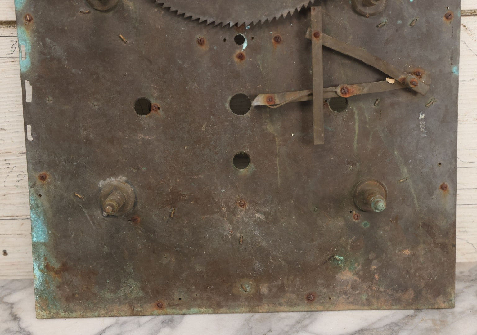 Lot 007 - Antique Brass Clock Face With Hand Painted Details Including Moon, Sun, Ships At Sea, And Buildings On Land, Manufactured By S.D. Neil, Belfast, Ireland, Dated 1896, Note Heavy Wear And Patina, 13" x 18-1/2"