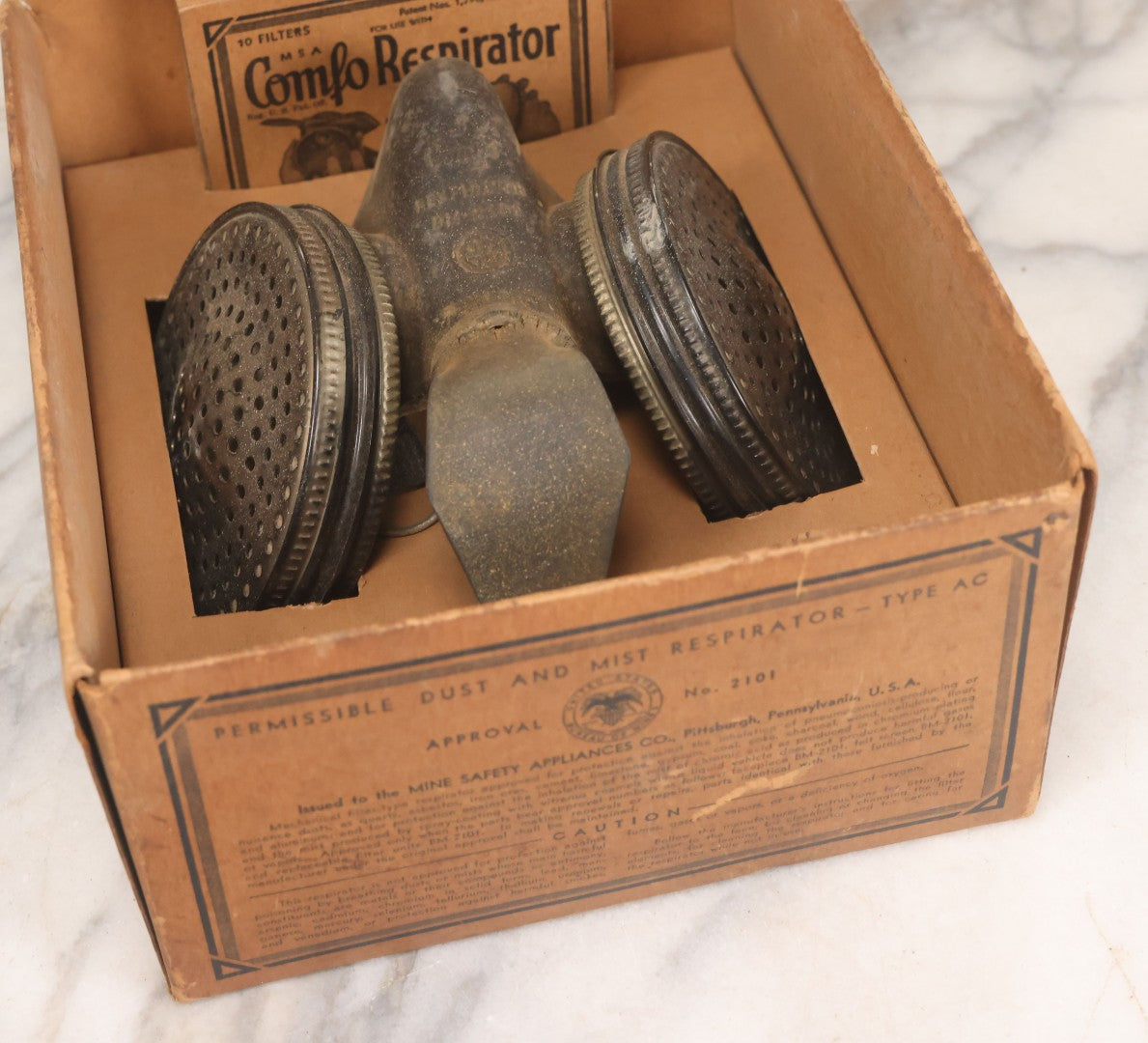 Lot 009 - Antique New Old Stock N.O.S. Comfo Respirator Device In Original Box, Manufactured By Mine Safety Appliances Company, Pittsburgh Pennsylvania, Made In U.S.A., Model BM-2101, With Pack Of 10 Filters