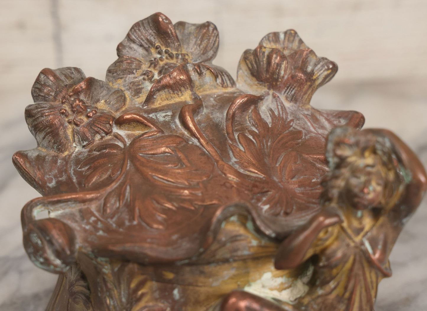 Lot 010 - Antique Art Nouveau Pot Metal Jewelry Casket With Figural Girl In Gown, Floral Motif, Tufted Red Interior, Bottom Marked M.R., Note Hinge Broken, Torn Fabric