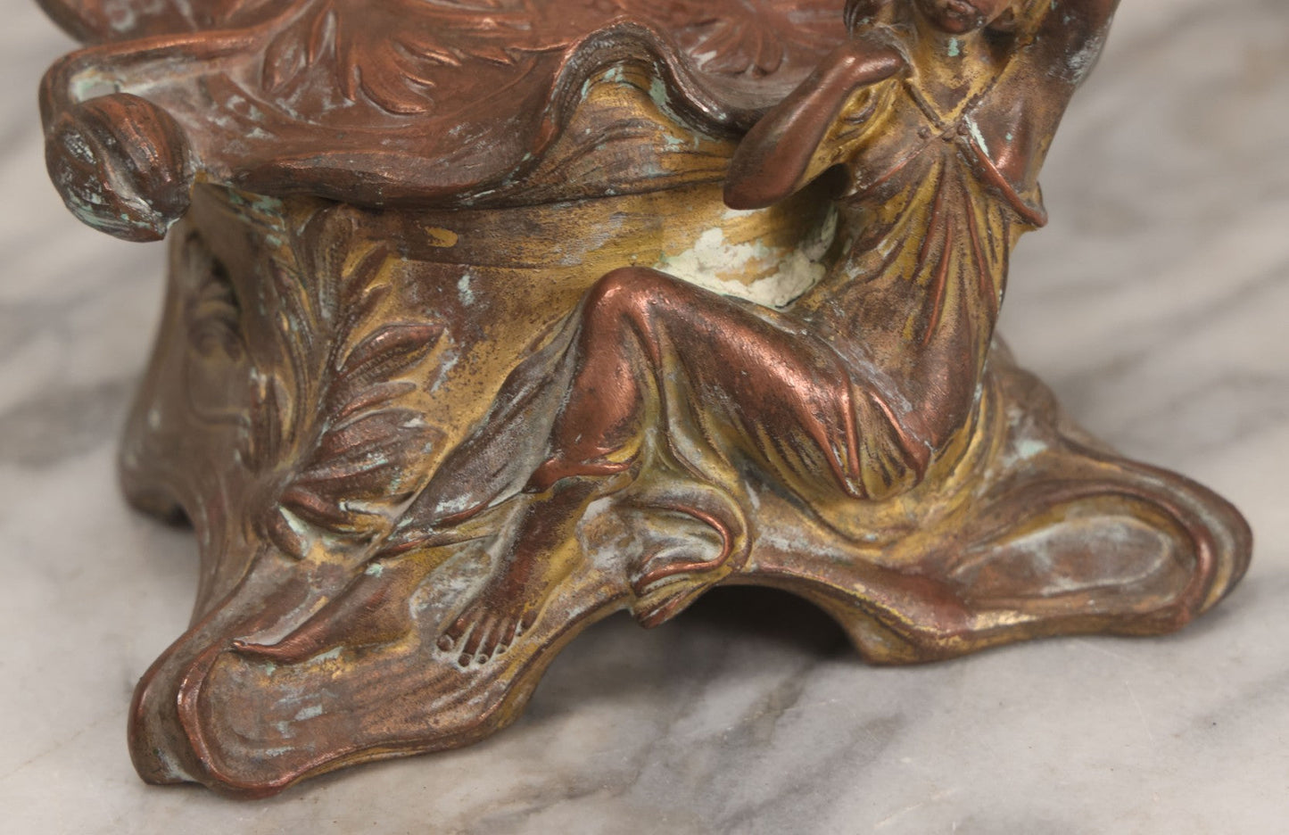 Lot 010 - Antique Art Nouveau Pot Metal Jewelry Casket With Figural Girl In Gown, Floral Motif, Tufted Red Interior, Bottom Marked M.R., Note Hinge Broken, Torn Fabric