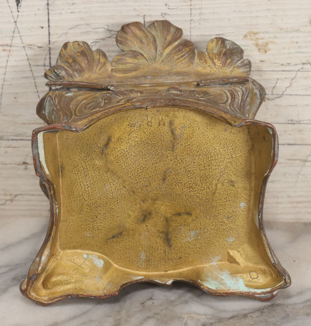 Lot 010 - Antique Art Nouveau Pot Metal Jewelry Casket With Figural Girl In Gown, Floral Motif, Tufted Red Interior, Bottom Marked M.R., Note Hinge Broken, Torn Fabric