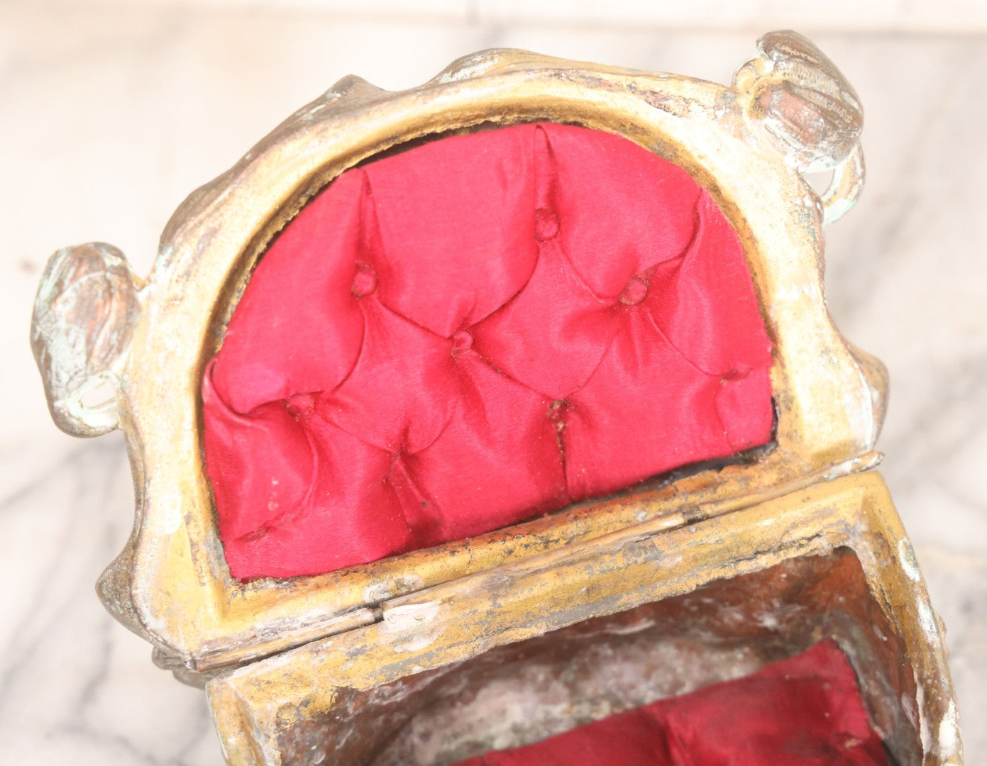 Lot 010 - Antique Art Nouveau Pot Metal Jewelry Casket With Figural Girl In Gown, Floral Motif, Tufted Red Interior, Bottom Marked M.R., Note Hinge Broken, Torn Fabric