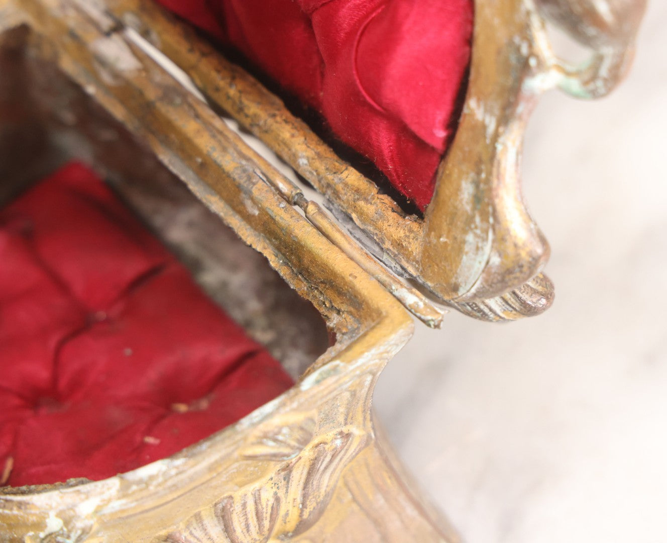 Lot 010 - Antique Art Nouveau Pot Metal Jewelry Casket With Figural Girl In Gown, Floral Motif, Tufted Red Interior, Bottom Marked M.R., Note Hinge Broken, Torn Fabric