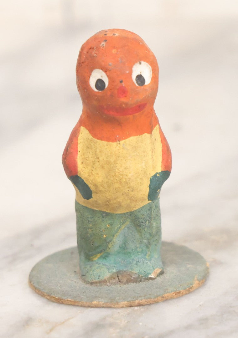 Lot 011 - Antique Papier Mache Halloween Pumpkin Man Figure On Paper Board Base, Marked Germany, Height 1-3/4"