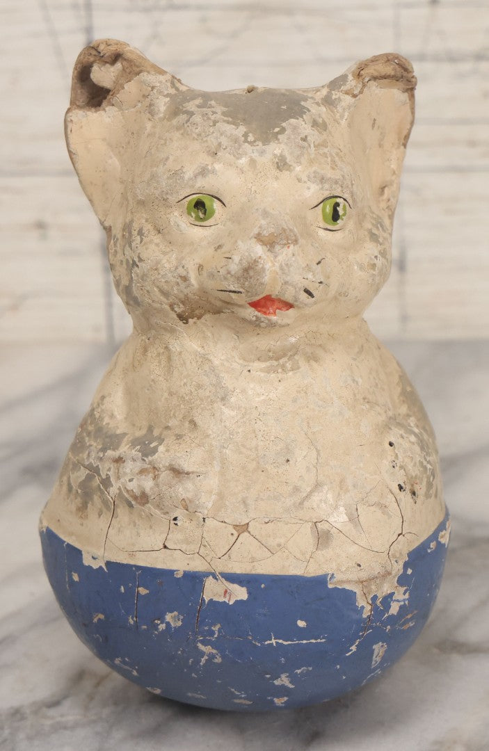 Lot 012 - Antique Papier Mache White Cat Rolly Polly Toy With Blue Base And Green Eyes, Note Wear And Tear Throughout, Height 5-3/4"