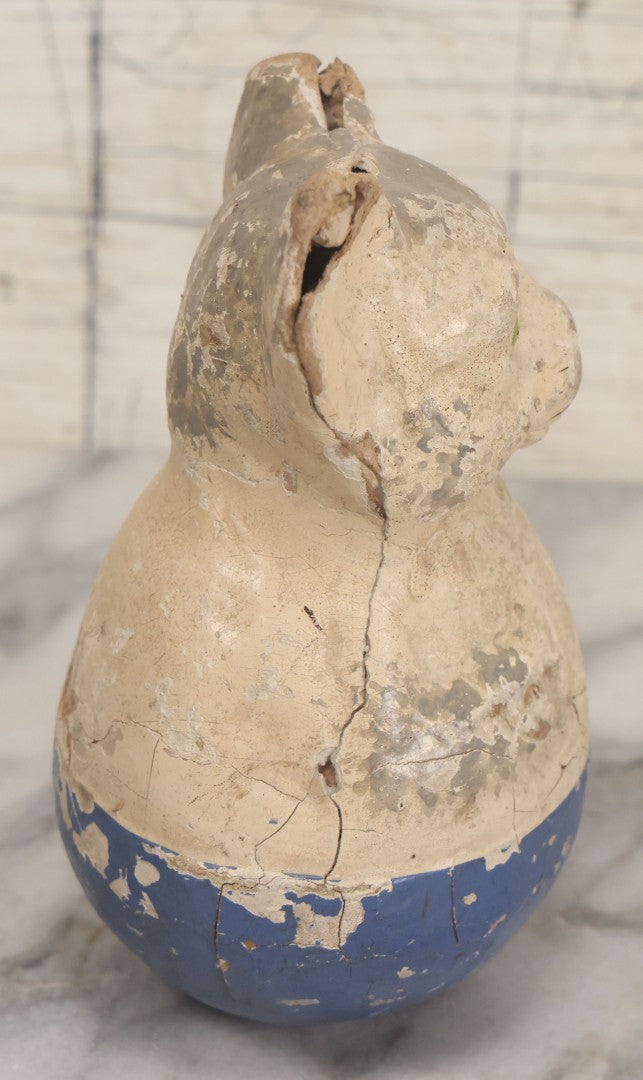 Lot 012 - Antique Papier Mache White Cat Rolly Polly Toy With Blue Base And Green Eyes, Note Wear And Tear Throughout, Height 5-3/4"