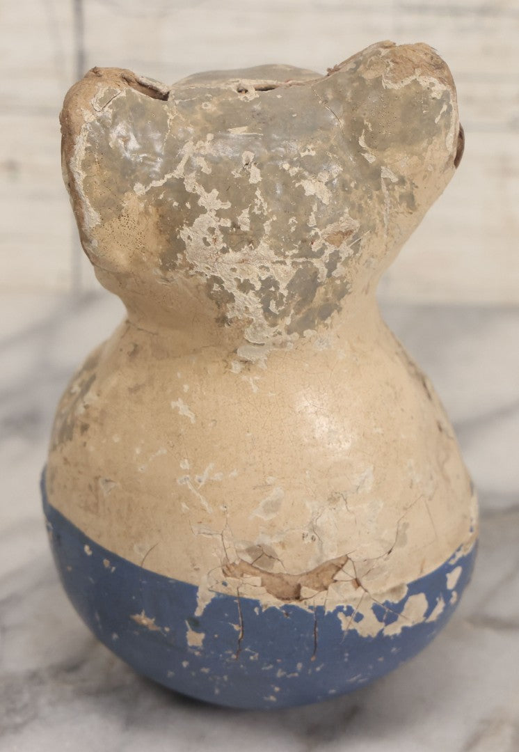 Lot 012 - Antique Papier Mache White Cat Rolly Polly Toy With Blue Base And Green Eyes, Note Wear And Tear Throughout, Height 5-3/4"