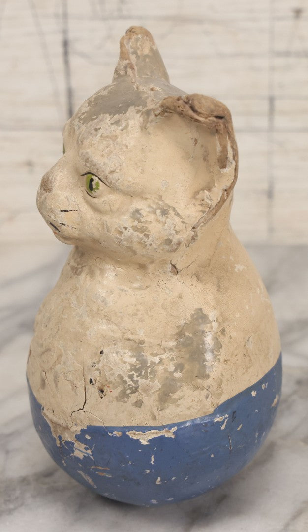 Lot 012 - Antique Papier Mache White Cat Rolly Polly Toy With Blue Base And Green Eyes, Note Wear And Tear Throughout, Height 5-3/4"