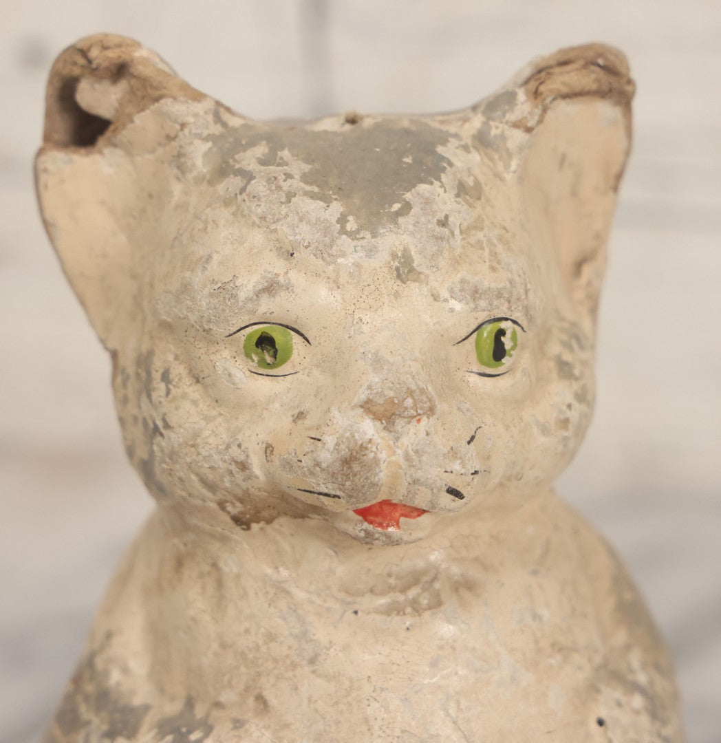 Lot 012 - Antique Papier Mache White Cat Rolly Polly Toy With Blue Base And Green Eyes, Note Wear And Tear Throughout, Height 5-3/4"