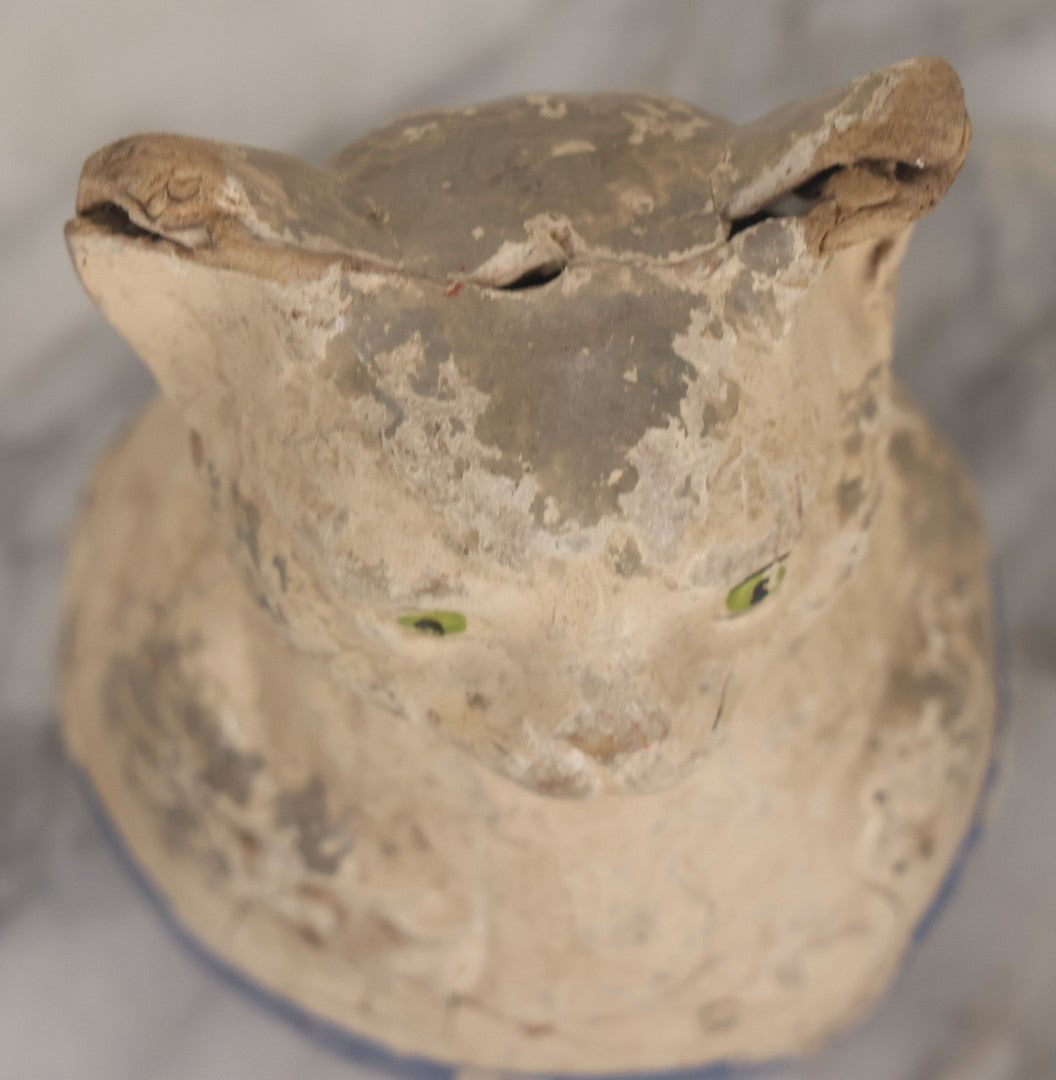 Lot 012 - Antique Papier Mache White Cat Rolly Polly Toy With Blue Base And Green Eyes, Note Wear And Tear Throughout, Height 5-3/4"
