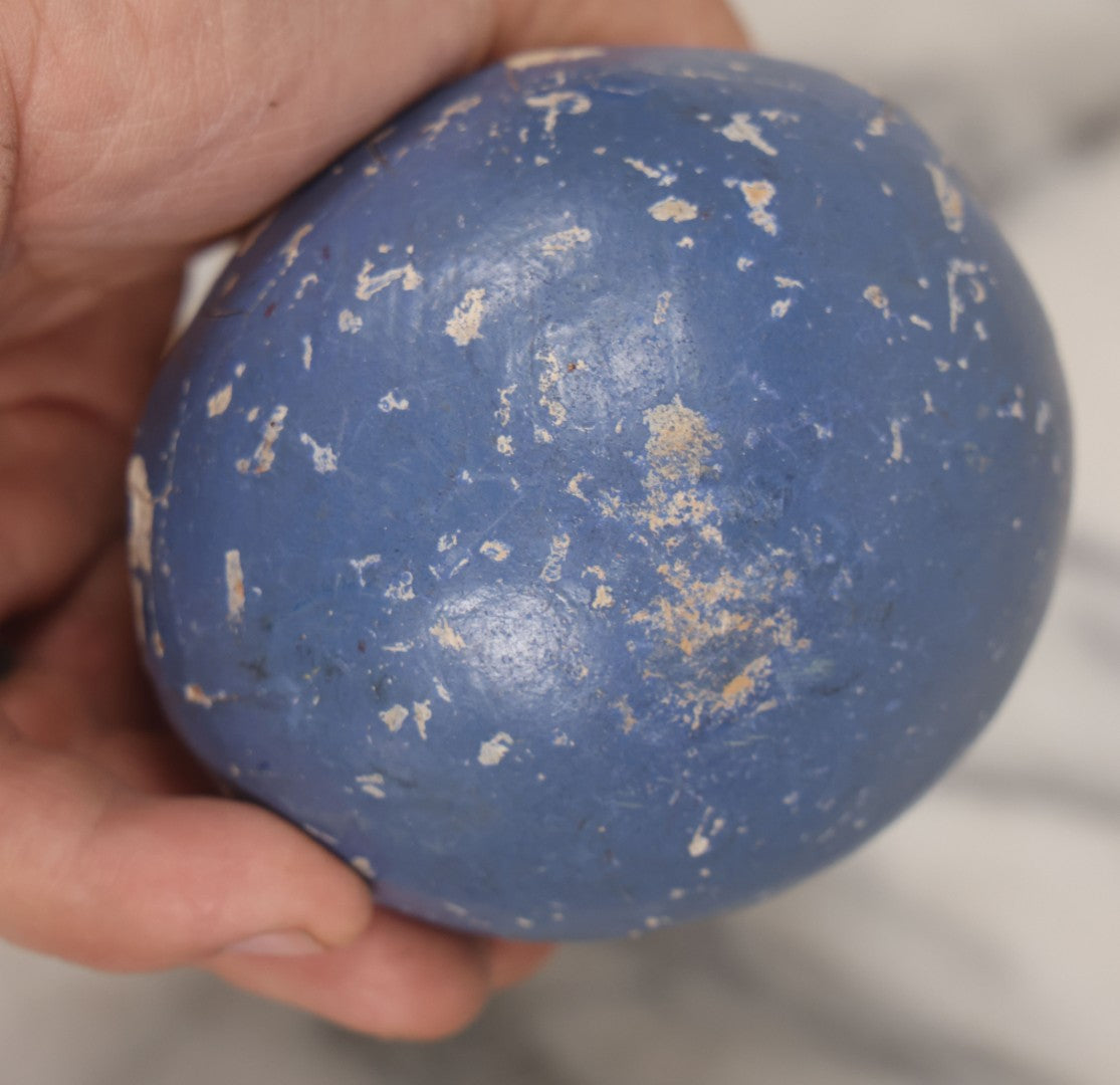 Lot 012 - Antique Papier Mache White Cat Rolly Polly Toy With Blue Base And Green Eyes, Note Wear And Tear Throughout, Height 5-3/4"