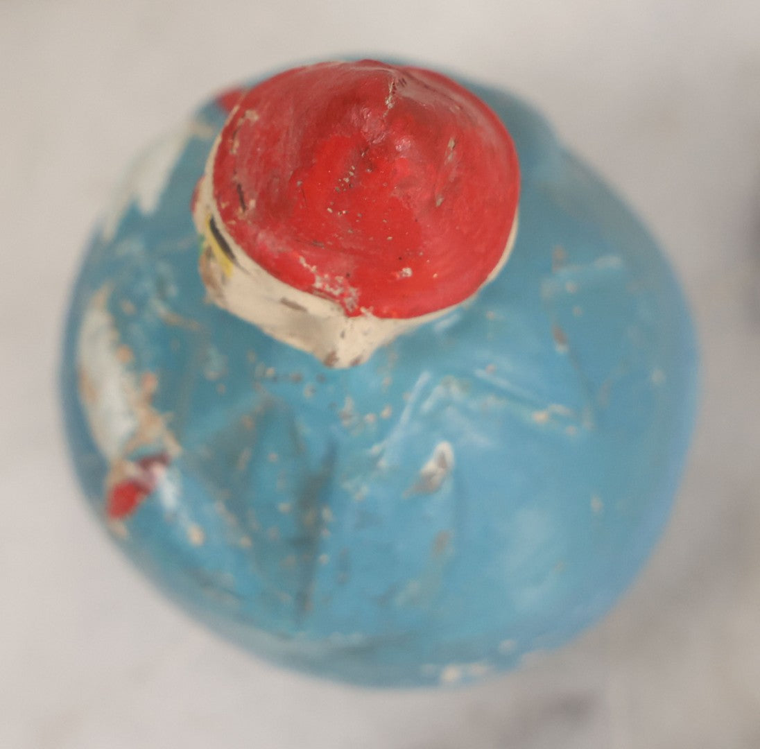 Lot 014 - Antique Papier Mache Clown Roly Poly Toy With Blue Body, Green And Yellow Makeup And Red Hat, Note Wear And Tear Throughout, Height 3-3/4"