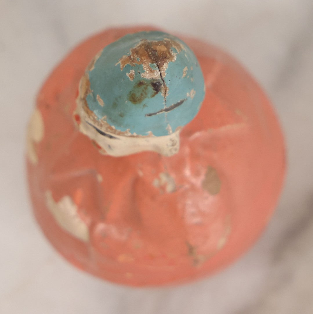 Lot 015 - Antique Papier Mache Clown Roly Poly Toy With Pink Body, Pink Makeup And Blue Hat, Note Wear And Tear Throughout, Height 3-3/4"