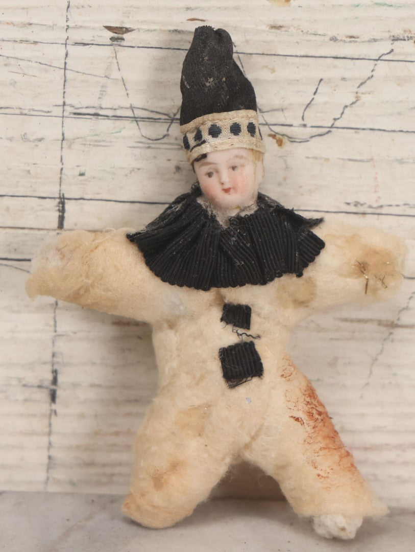 Lot 016 - Antique Handmade Felt Clown Doll With Bisque Doll Head, Black Hat And Collar, As Found, Poor Condition