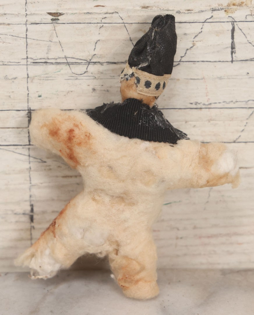 Lot 016 - Antique Handmade Felt Clown Doll With Bisque Doll Head, Black Hat And Collar, As Found, Poor Condition