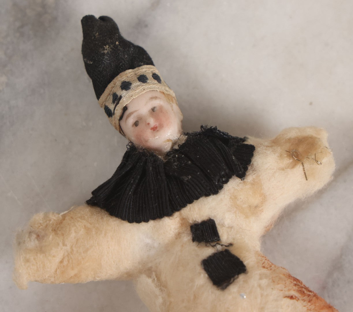 Lot 016 - Antique Handmade Felt Clown Doll With Bisque Doll Head, Black Hat And Collar, As Found, Poor Condition