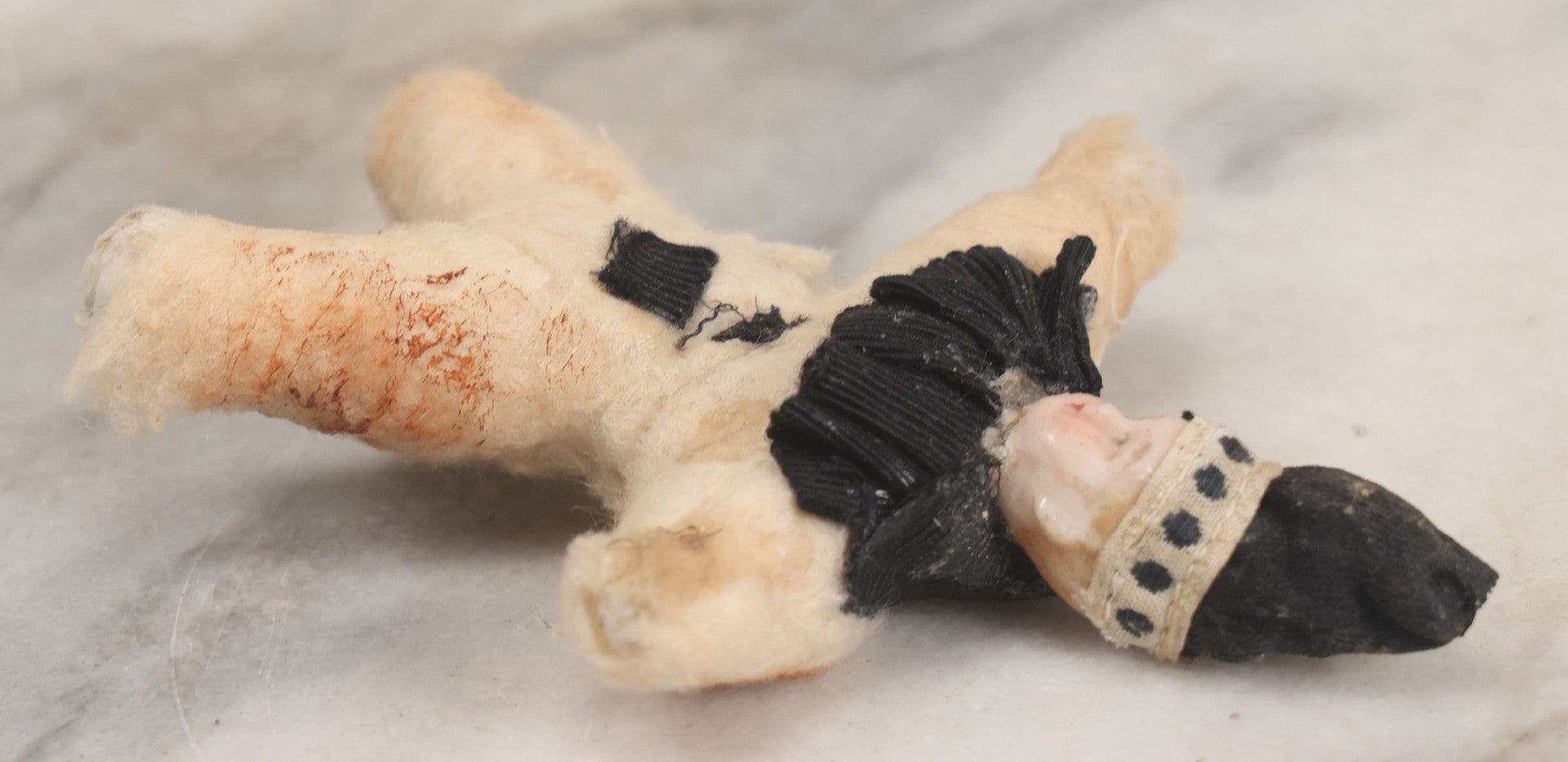 Lot 016 - Antique Handmade Felt Clown Doll With Bisque Doll Head, Black Hat And Collar, As Found, Poor Condition