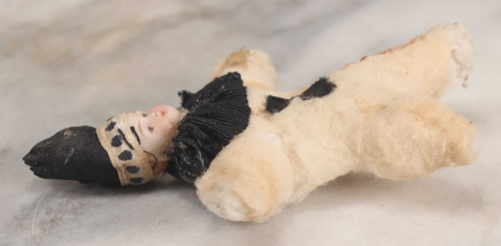 Lot 016 - Antique Handmade Felt Clown Doll With Bisque Doll Head, Black Hat And Collar, As Found, Poor Condition