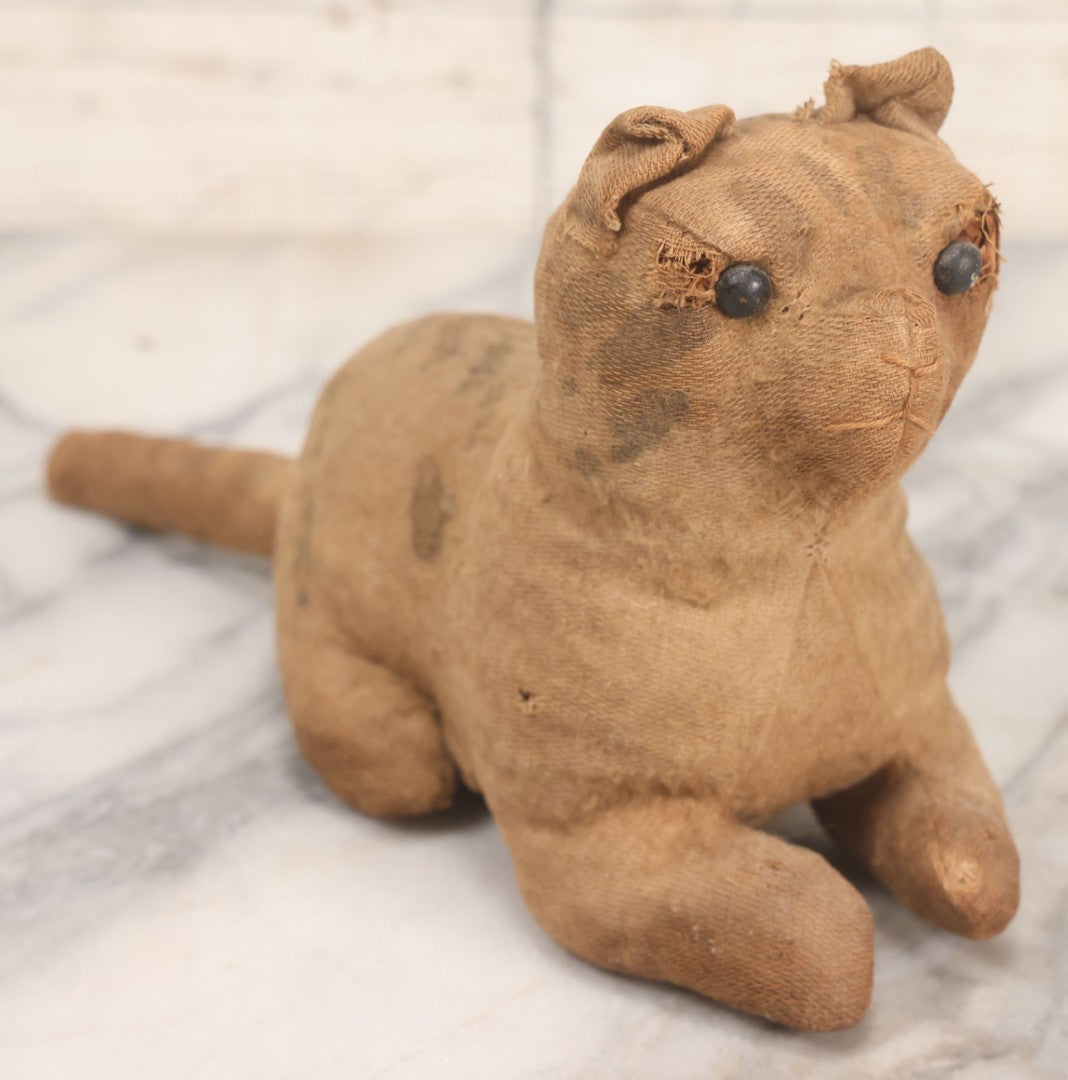 Lot 018 - Antique Straw Stuffed Cat Stuffed Animal Toy With Black Bead Eyes, Crouching Pose, Note Holes And Wear