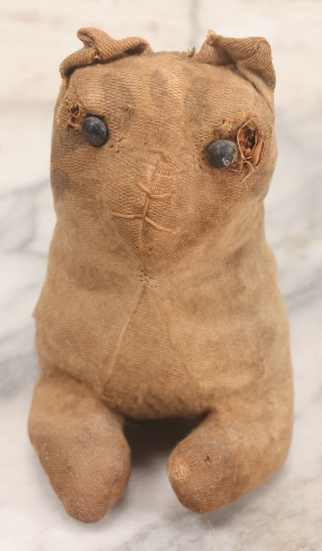 Lot 018 - Antique Straw Stuffed Cat Stuffed Animal Toy With Black Bead Eyes, Crouching Pose, Note Holes And Wear