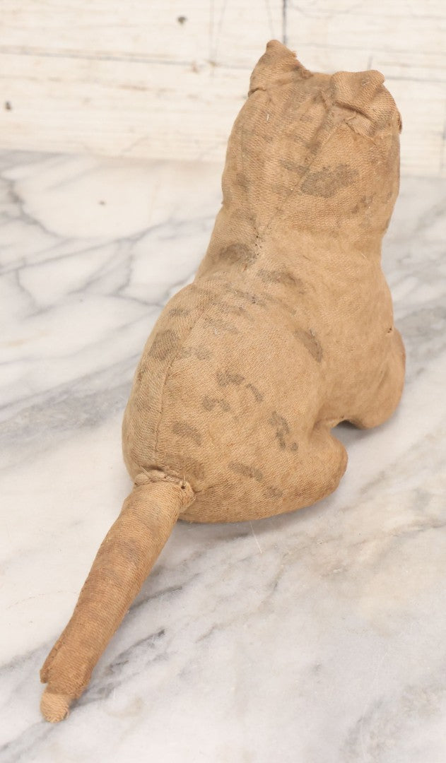 Lot 018 - Antique Straw Stuffed Cat Stuffed Animal Toy With Black Bead Eyes, Crouching Pose, Note Holes And Wear