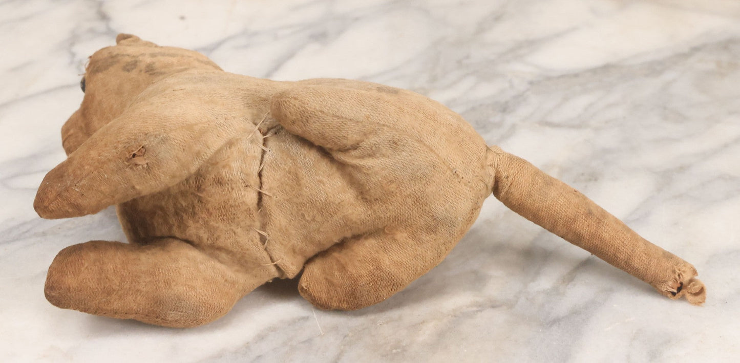 Lot 018 - Antique Straw Stuffed Cat Stuffed Animal Toy With Black Bead Eyes, Crouching Pose, Note Holes And Wear