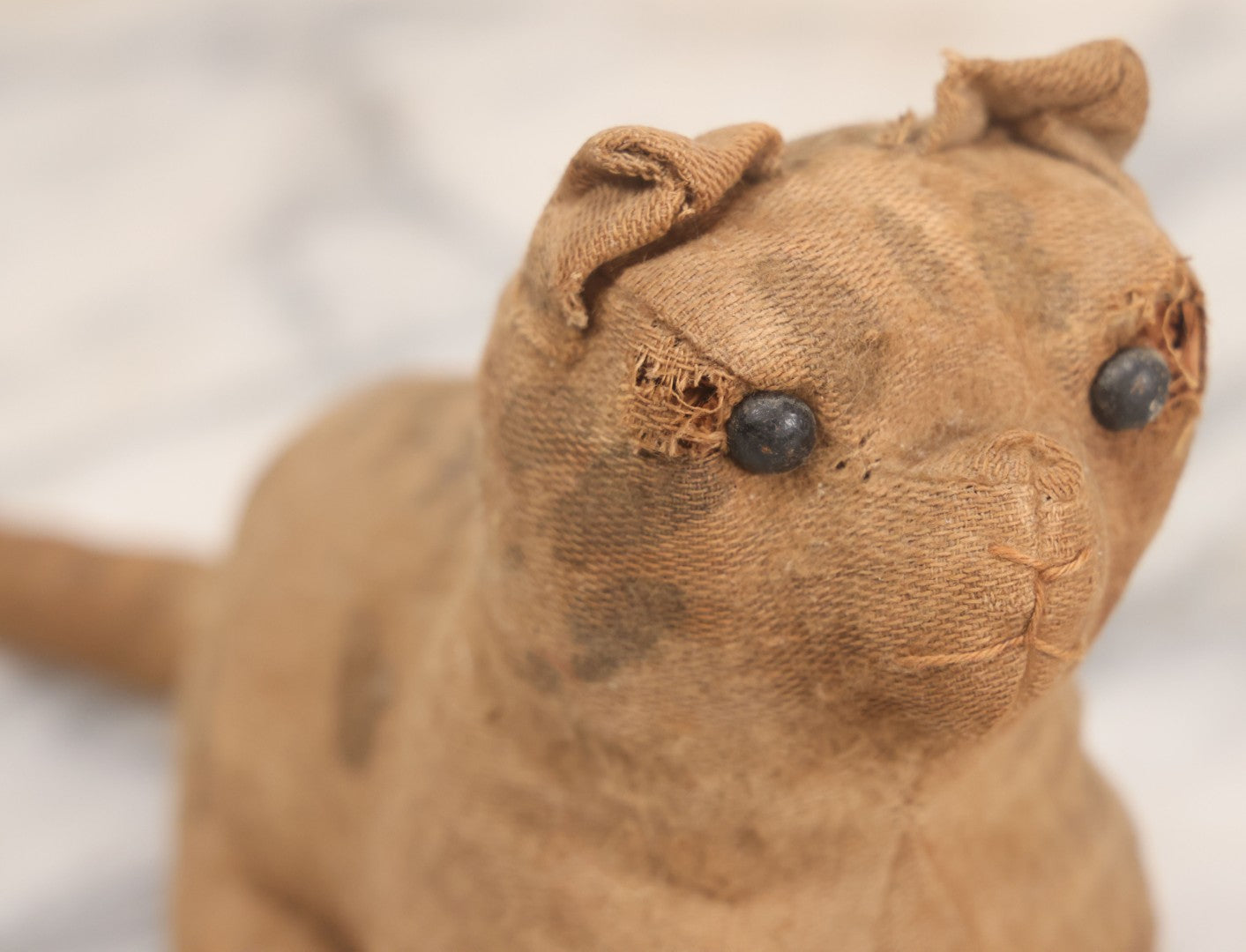 Lot 018 - Antique Straw Stuffed Cat Stuffed Animal Toy With Black Bead Eyes, Crouching Pose, Note Holes And Wear
